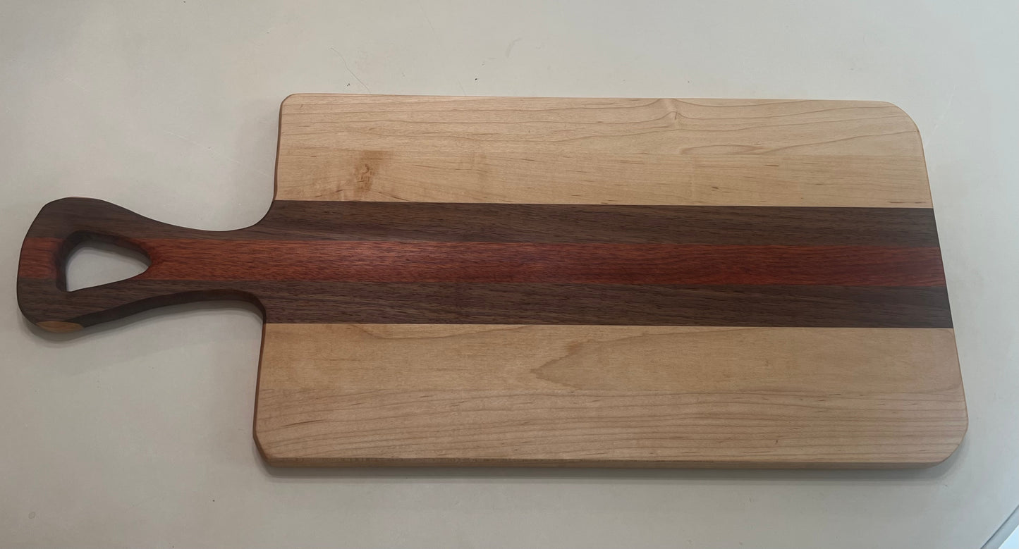 Hand crafted hardwood Charcuterie board - Made from maple, walnut, and blood wood.